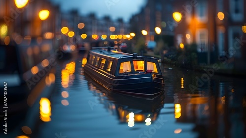 Tranquil Canal at Dusk: Narrowboat Illuminated by Warm Lights against Amsterdam's Cityscape