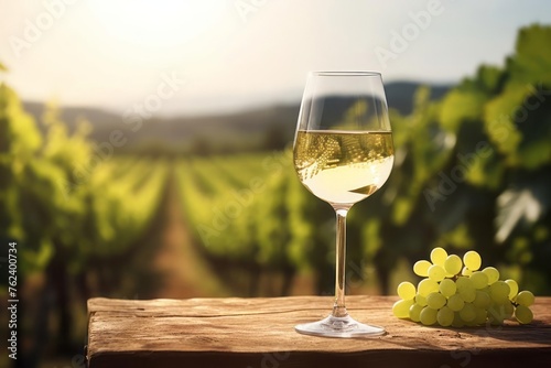 Wine glass with pouring white wine and vineyard landscape in a sunny day. Winemaking concept. photo