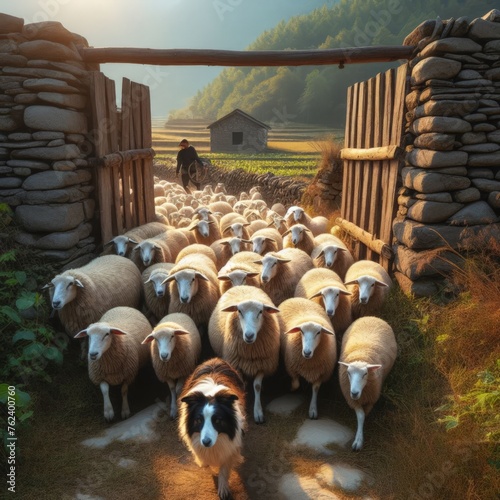 Collie dog helps round up and herd sheep into farm
 photo