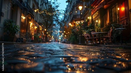 Romantic Parisian Night  Cobblestone Street Glowing with Cafe Lights in Rain