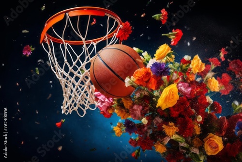 A basketball with a trail of flowers flies into a basketball hoop © DK_2020