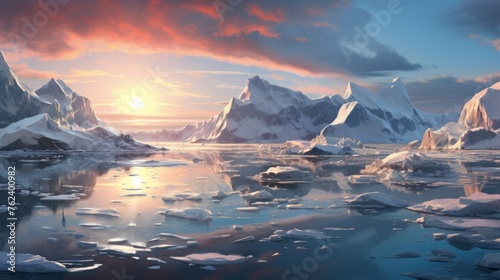 Generative AI Photorealistic Antarctic sunset panorama