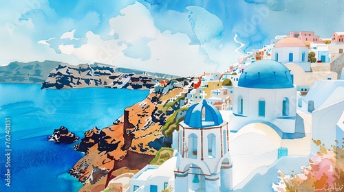 A watercolor illustration depicting a picturesque town with buildings painted in shades of blue and white, set against the backdrop of the ocean. The town appears to be perched on a cliff overlooking 