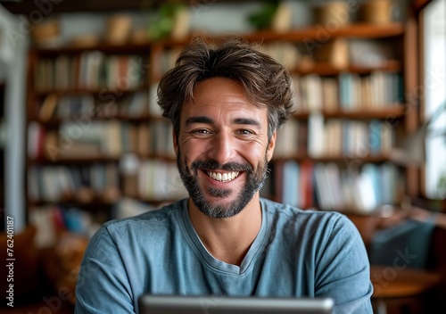  A Smiling Man with His Tablet, Engulfed in the Warmth of Ceramic Textures and Transparent Joy, Against a Blurred Background Generated by AI, Offering Copyspace