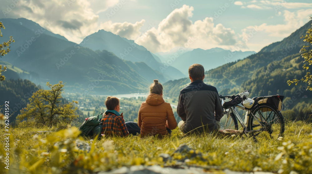 bike trip in mountains. Parents and their child eating a snack while taking a break on a mountain biking trip overlooking a mountain valley. Travel campsite and MTB cycling with backpack