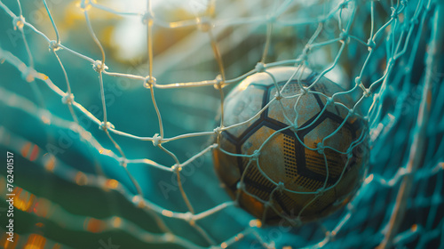 A soccer ball flies into the goal, with a closeup of a football in the net on a green grass background.