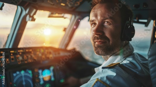 A pilot is seated in the cockpit of a plane, focused on the controls and instruments in front of him. He appears to be preparing for takeoff or navigating the aircraft.