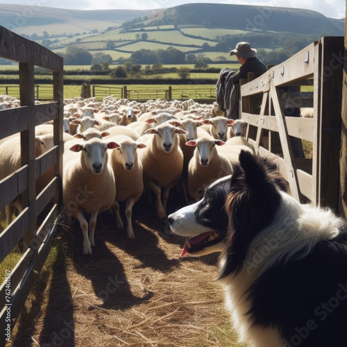 Collie dog helps round up and herd sheep into farm
