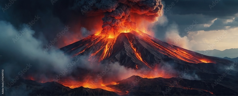 Burning volcano with ash clouds above it