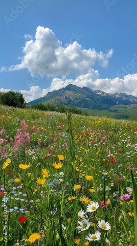 A field filled with wildflowers stretches towards a majestic mountain looming in the background. The colorful flowers add a vibrant contrast to the towering mountain.