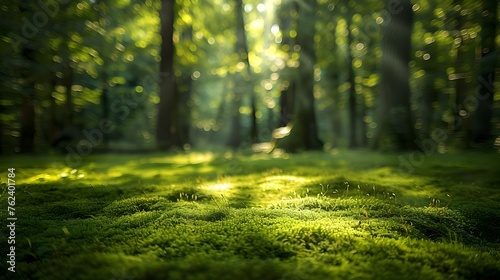 Lush Green Mossy Forest Floor Bathed in Soft Sunlight Glow - An Enchanting Serene Nature Masterpiece