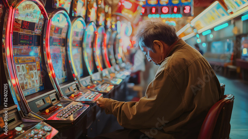 An old man is sitting in front of a slot machine in a casino. photo