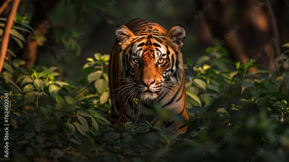 A tiger is walking through a forest with green leaves. The tiger is looking at the camera A tiger is walking through a forest with green leaves. The tiger is looking at the camera