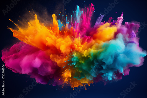 Explosion of vibrant Holi powdered colors for Indian Holi festival on dark black background. Celebration of colors and joy, blasts and sprinkles of colored powder