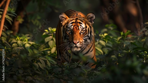 A tiger is walking through a forest with green leaves. The tiger is looking at the camera