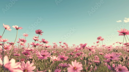 cosmos flowers dancing in a vibrant flower field against a backdrop of serene blue sky, offering ample space for text to convey your message. © lililia