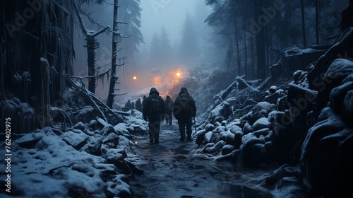 A group of military personnel in winter camouflage moves through a snow storm. Soldiers are equipped with modern military equipment Concept: military operations, teamwork, survival photo