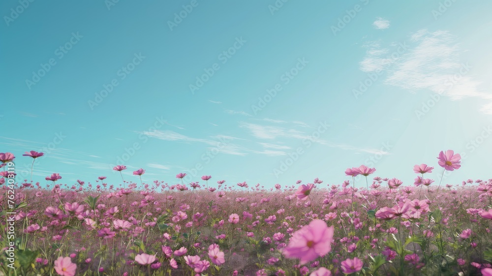cosmos flowers dancing in a vibrant flower field against a backdrop of serene blue sky, offering ample space for text to convey your message.