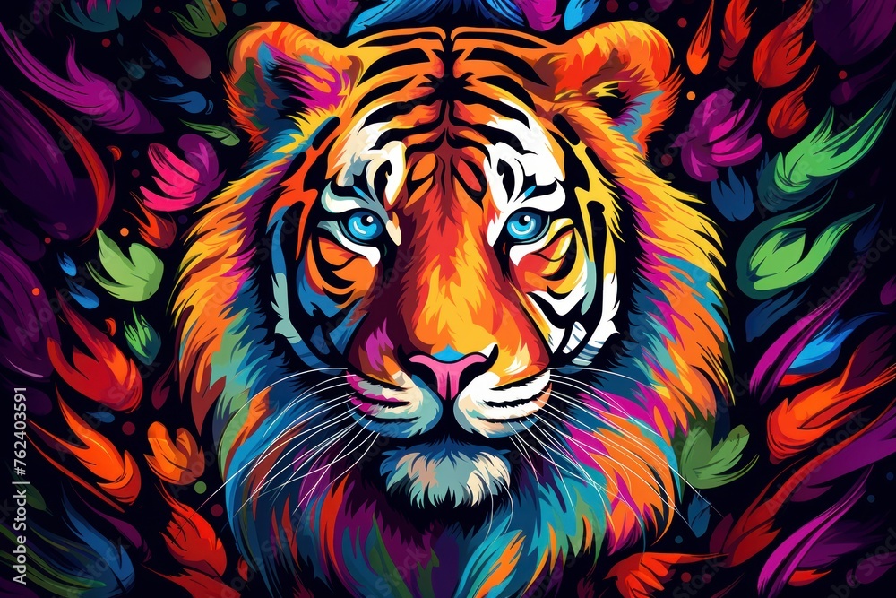 Colorful portrait of a tiger, creative illustration in bright colors, pop art style