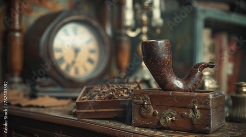 Antiquities: smoking pipe, tobacco in a wooden box and pouch. Blurred old clock in the background. Luxury leisure