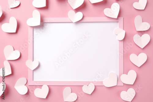 A pink and white Valentine's Day themed frame surrounded by pink hearts on a light background.