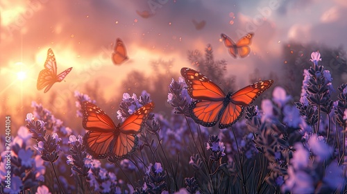 a lavender field in full bloom, adorned with graceful butterflies fluttering among fragrant blossoms, emanating the serene beauty of nature's masterpiece.