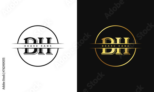 Elegant, Luxurious, Professional and minimal BH letters monogram icon design in bright golden color.