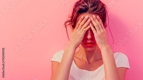 Shy woman peeking through fingers, wearing a white sweater against a pink background