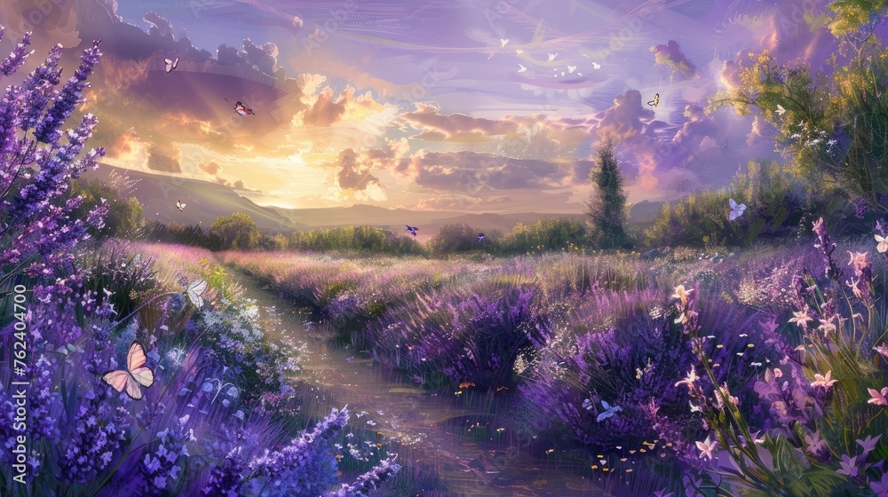a lavender field in full bloom, adorned with graceful butterflies fluttering among fragrant blossoms, emanating the serene beauty of nature's masterpiece.