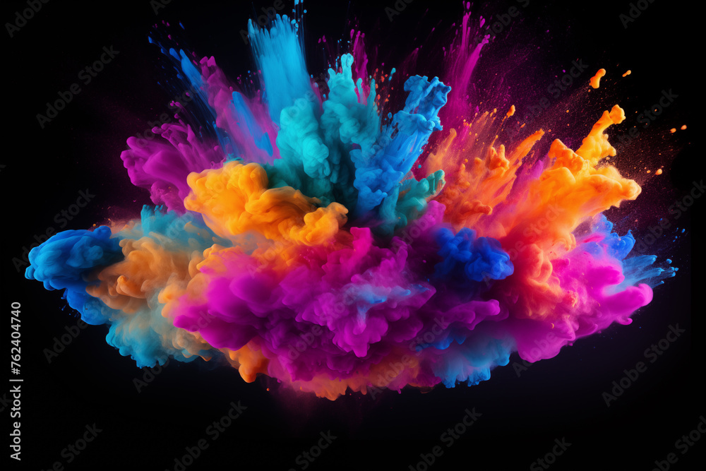 Explosion of vibrant Holi powdered colors for Indian Holi festival. Celebration of colors and joy, blasts and sprinkles of colored powder