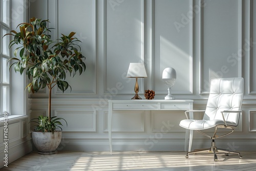 Living room with white chair, desk, lamp, and potted plant