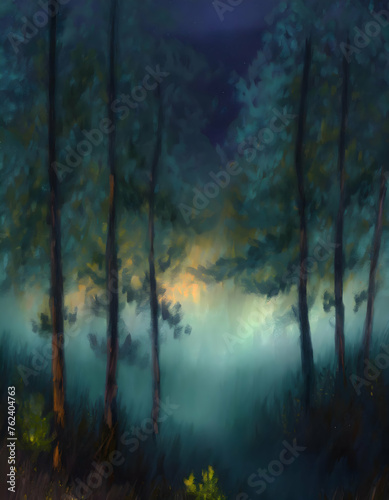 Abstract seamless fog over the mystical forest at night. Horizontal illustration, oil painting on on digital art concept, Generative AI. © Watercolor_Concept