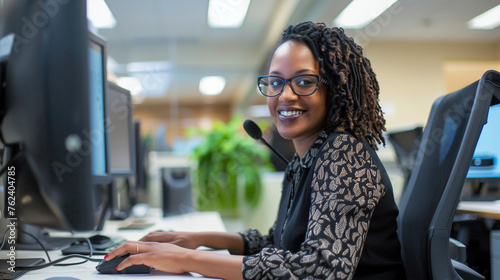 A close-up of a content woman in a wheelchair at her office desk, interacting with technology, radiating confidence and normalizing the integration of accessibility in the workplace photo