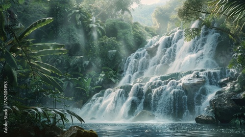 A detailed painting showcasing a powerful waterfall cascading down rocks in the midst of a lush jungle setting. Sunlight filters through the dense canopy, highlighting the vivid greenery and the dynam