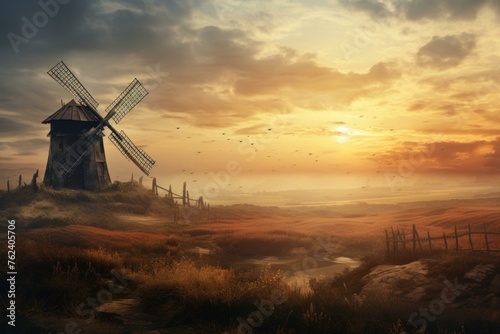 Rustic Autumn field windmills sunset. Scene travel. Generate Ai