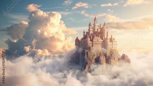 Majestic Fairy Tale Castle Perched on a Rocky Cliff Surrounded by Golden Clouds at Sunset