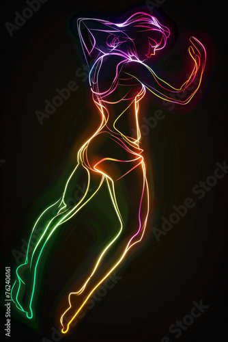 Simple vector graphic of neon woman dancing isolated on black background.