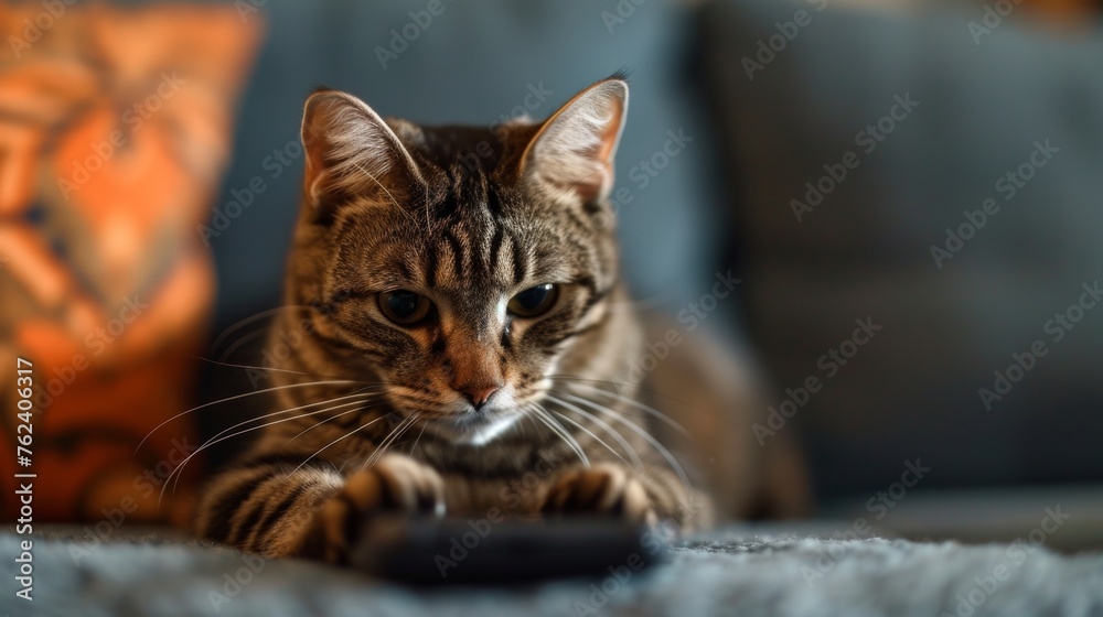 Domestic Tabby Cat Focused on a Smartphone Screen Indoors at Home