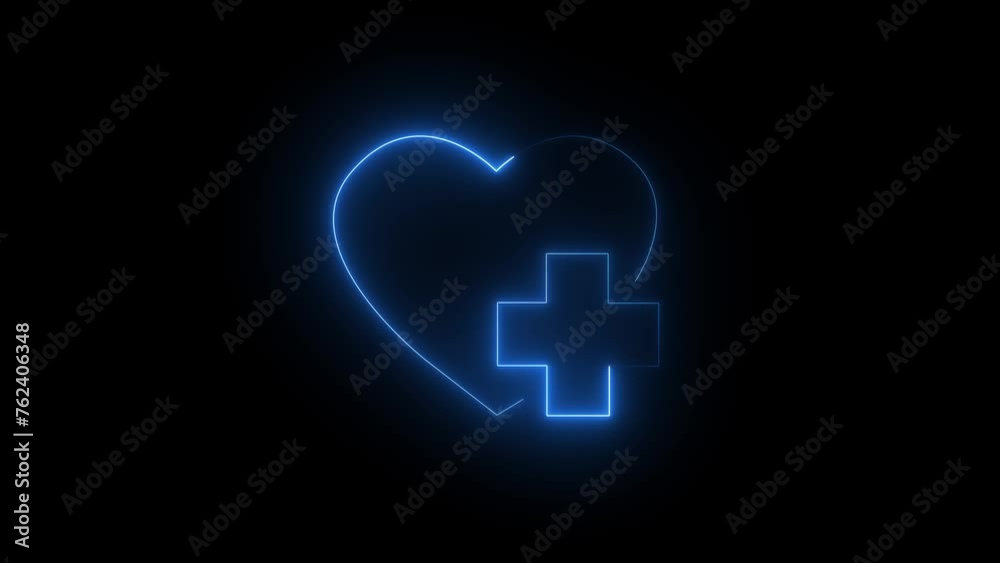 Glowing neon line Heart with a cross icon isolated on black background. First aid. Healthcare, medical and pharmacy sign. 4K Video motion graphic animation.