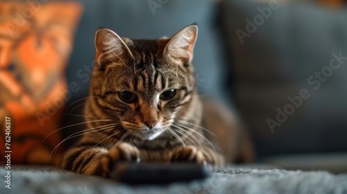 Domestic Tabby Cat Focused on a Smartphone Screen Indoors at Home