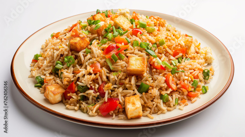 Schezwan Fried Rice with Cottage Cheese Cubes, White Plate, White Background