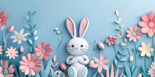Cute Easter bunny and eggs cut from colored paper with flowers. Generative AI