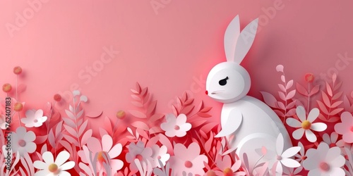 Cute Easter bunny and eggs cut from colored paper with flowers. Generative AI