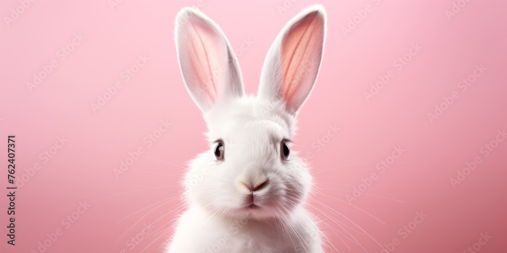 Small white rabbit on a pink background with place for text. Easter theme. Generative AI