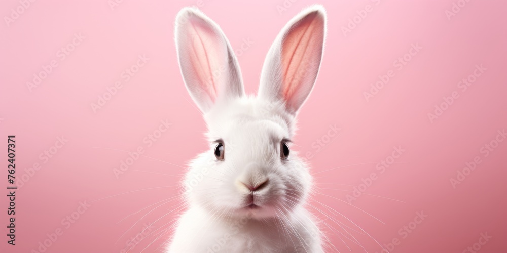Small white rabbit on a pink background with place for text. Easter theme. Generative AI Small white rabbit on a pink background with place for text. Easter theme. Generative AI