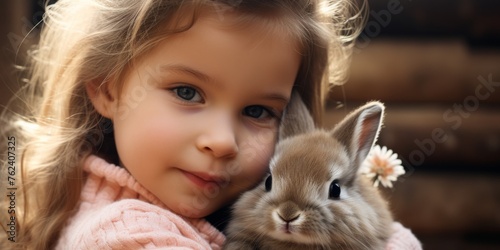 Little girl holding a cute bunny in her hands, Easter theme. Generative AI
