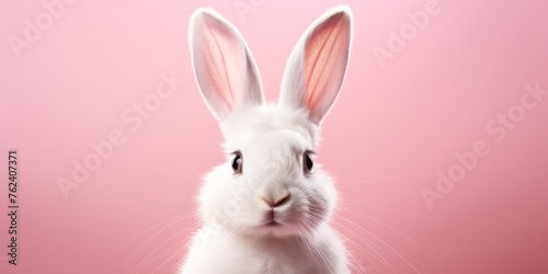 Small white rabbit on a pink background with place for text. Easter theme. Generative AI © 22_monkeyzzz