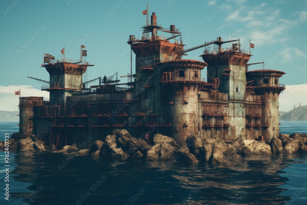 Enduring Rusty fortress sea. Defense fortress. Generate Ai