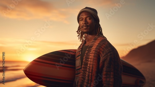 Handsome Black African American Surfer, Hipster Man with a surfboard on the sea beach at sunset. Travel, Vacations, Tourism, Lifestyle, Hobbies and recreation, Sports concepts. A horizontal banner.