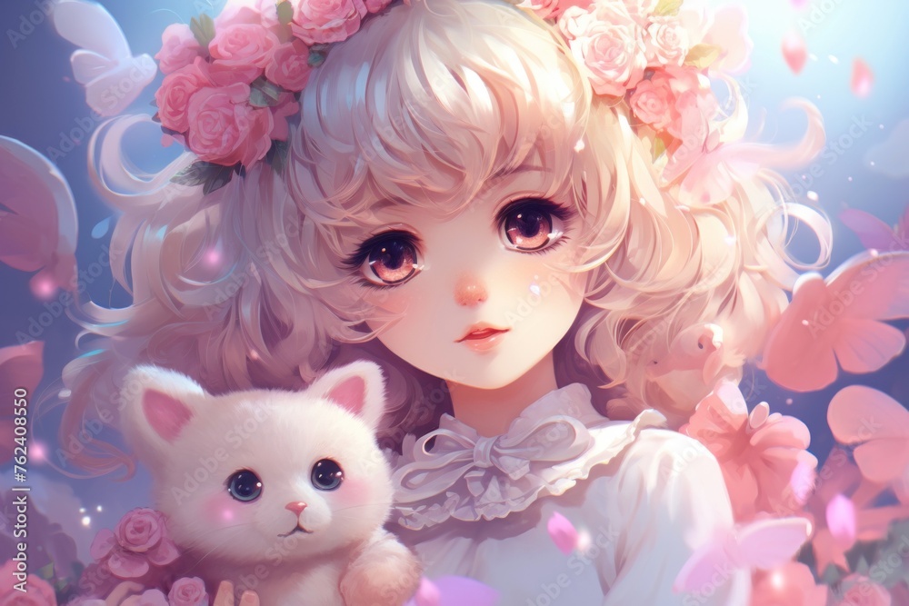 Blonde Girl with big brown eyes in pink floral wreath holding a White Kitten Plushie on a Petal-filled pink Blue Background. Fantasy dreamy illustration. Adorable little lady.